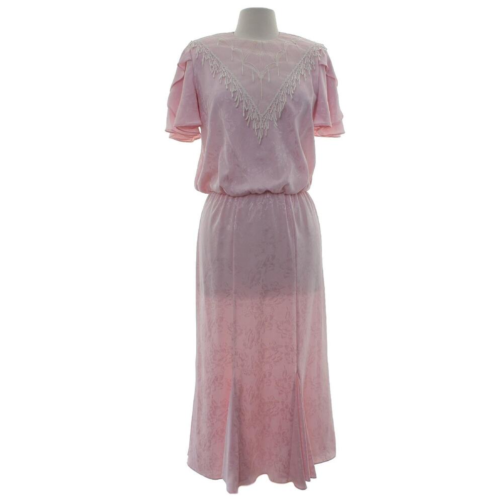 Vintage 80s Women's Medium Samantha Black Pink Fringe Lace Blouson Maxi Dress